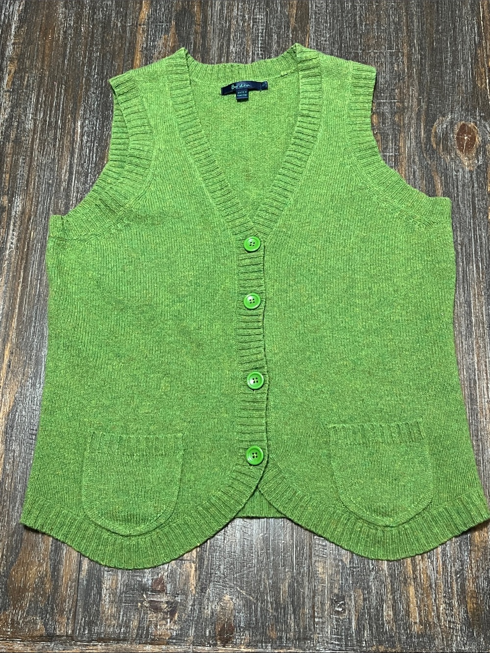 Boden Green Sleeveless V-Neck Button Knit Vest 100% Wool